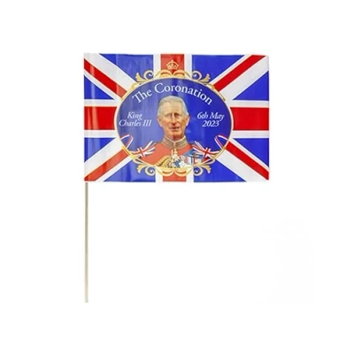 Image of British Coronation Hand Waving Flags Pack of 4 30cm x 20cm PVC Union Jack Flag with King Charles III Print on a Stick United Kingdom King&#039;s Street Party Decoration