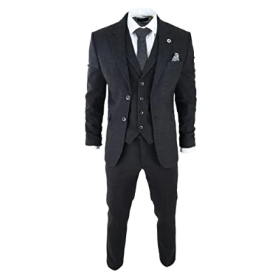 Image of Mens Black Tweed 3 Piece Suit Check Vintage 1920s Gatsby Blinders Tailored Fit 44