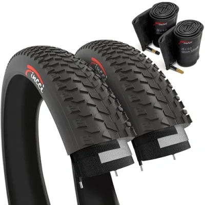 Image of Fincci Pair 26 x 4.0 Inch Fat Bike Tyres with 48mm Schrader Valve Inner Tubes Pack of 2, High Traction Tires for Road, Mountain, MTB, Mud, Dirt, Winter, and Offroad Bikes