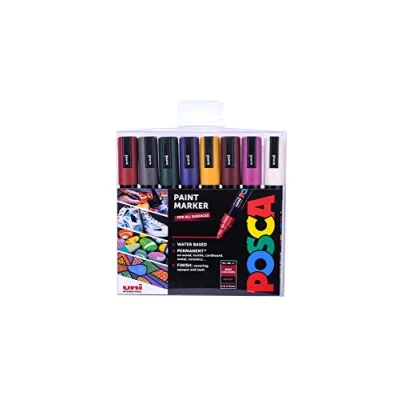 Image of Posca PC 5M Water Based Permanent Marker Paint Pens. Premium Medium Tip for Arts and Crafts. Multi surface Use On Wood, Metal, Paper, Cardboard, Glass, Fabric, Ceramic &amp; Stone. Set of 8 Deep Colours Eight