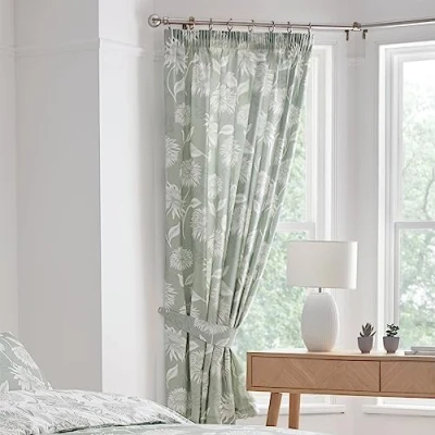 Image of Dreams &amp; Drapes Green Chrysanthemum Pleated Curtains W66 x L72 (168 183cm) 2x Panels Tie Backs Vintage Floral Botanical Pencil Pleat in Sage