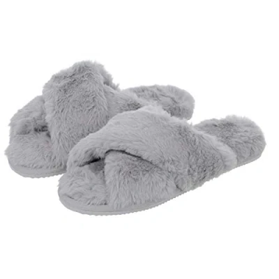 Image of Ladies Faux Fur Mule Slippers Crossover Style Upper Sliders Hard Sole Grey 4 UK