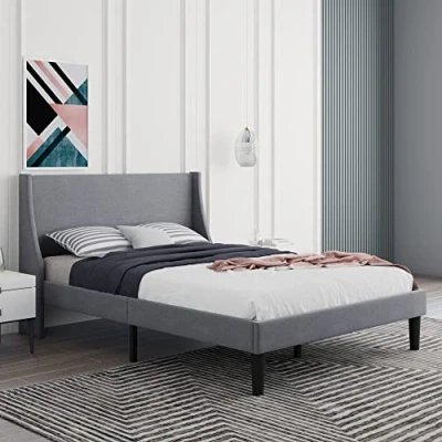 Image of Merax Double Bed Frame 4FT6 Upholstered with Winged Headboard, Wood Slat Support, Strong Comfortable Bed, Bedroom Furniture, Soft Linen Grey