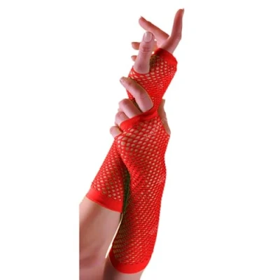 Image of Ladies Fishnet Long &amp; Short Finger less Gloves Fancy Dress Party Accessory (Red, Gloves)