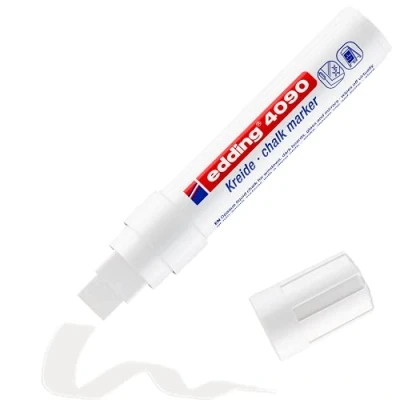 Image of edding 4090 Chalk Marker White 1 Pen Chisel Tip 4 15 mm Broad Tipped Wet Wipe for Chalkboards, Windows, Glass, Mirrors Liquid Pens Opaque Coverage