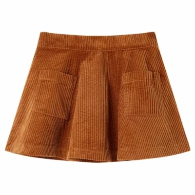 Image of vidaXL Short Skater Kids&#039; Skirt A Line Design with Pockets, Elastic Waistband, and Metallic Zip Cotton Corduroy Material in Cognac Age 1.5 to 10 Years Size 116