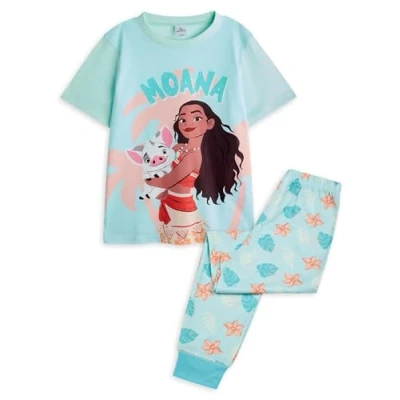 Image of Disney Moana Girls Pyjama Set Kids &amp; Pua Character Graphic Short Sleeve Top Long Leg PJ Bottoms in Blue Childrens Leaf All Over Print Nightwear Animated Cartoon Movie Merchandise Gift