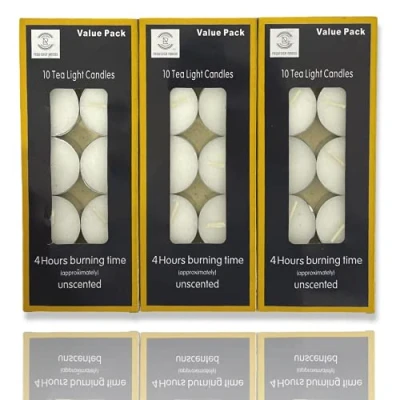 Image of REQUISITE NEEDS Tea Light Candles Unscented 4 Hours Long Burn Night Pack of 30 (Package May Vary), White