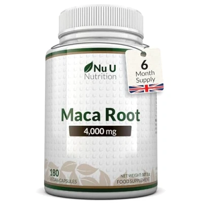 Image of Maca Root Capsules 4000mg 180 Vegan 6 Month Supply High Strength Peruvian for Men &amp; Women Made in The UK Nu U Nutrition