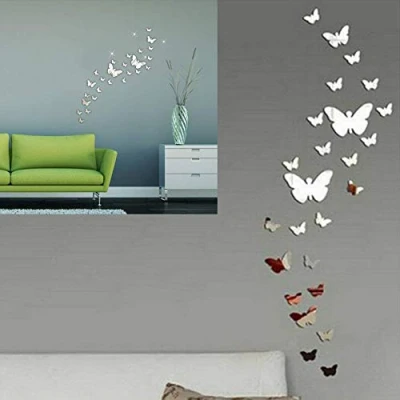Image of Butterfly Mirror Wall Stickers, 36pcs Acrylic 3D Art Stickers Silver for Living Room Bedroom Office