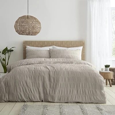 Image of Catherine Lansfield Seersucker Double Duvet Cover Set with Pillowcases Natural