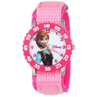 Image of Disney Frozen Kids&#039; Bezel Stainless Steel Time Teacher Analog Nylon Strap Watch, Pink, Quartz Movement
