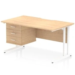 Image of Impulse 1400 x 800mm Scalloped Edge Straight Office Desk Maple Top White Cantilever Leg Workstation 1 3 Drawer Fixed Pedestal