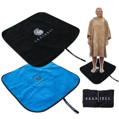 Image of SEASHELL Wetsuit Changing Mat for Surf Swimming SUP Watersports Sherpa Fleece Lined Roll Up Portable Waterproof (Black)