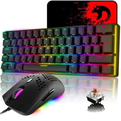 Image of UK Layout 60% Mechanical Keyboard 62 Keys Wired Type C 14 Chroma RGB Backlit Gaming + 6400DPI Ultra Light Honeycomb Mouse Large Pad, Compatible With PS4,Xbox,PC Black/Brown Switch