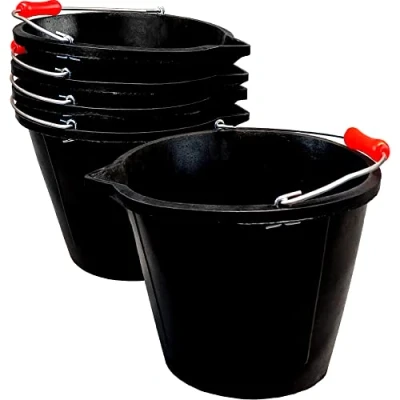 Image of 14L Black Flexible Bucket Heavy Duty Rubber Builders 3 Gallon 14 Litre Water Mixing Storage Strong Handle and Spout Ideal for Construction Trade, Animal Feed Pack of 5