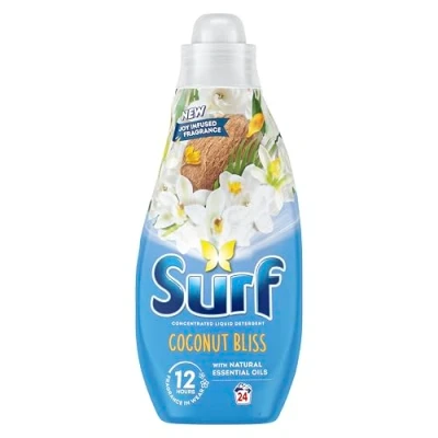 Image of Surf Coconut Bliss Laundry Washing with a joy infused fragrance and natural essential oils lasting up to 12 hours in wear Liquid Detergent for brilliantly clean results 24 washes