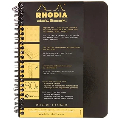 Image of RHODIA 193439C Spiral Notebook (Full Bound) Black A5+ Dot 160 Detachable Pages White Clairefontaine Paper 80 g/m Soft and Resistant Cover Classic