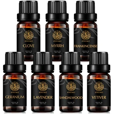 Image of Aromatherapy Vetiver Essential Oil Set for Diffuser, 7x10ml Clove Kit Humidifier Frankincense, Geranium, Lavender, Sandalwood, Myrrh Oils