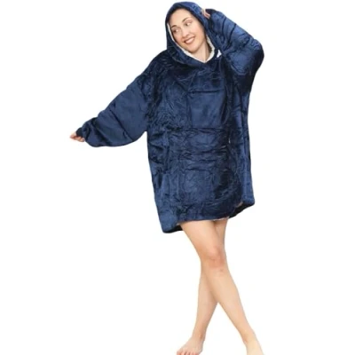 Image of True Face Unisex Oversized Blanket Hoodie Ladies Ultra Plush Soft Giant Sherpa Women Hooded Mens Sweatshirt (One Size, B Navy)
