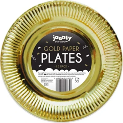 Image of Jaunty Partyware 15 Gold Round Paper Plates (Diameter 9&quot;)