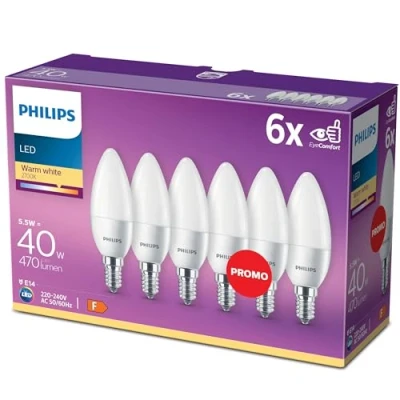 Image of PHILIPS LED E14 Candle Light Bulbs, 5.5 W (40 W) Warm White, Pack of 6