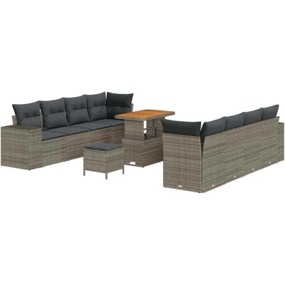 Image of vidaXL 11 Piece Garden Sofa Set with Cushions Grey Poly Rattan Acacia