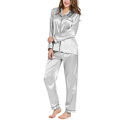 Image of Ladieshow Women Pajamas Satin Ladies Pj Set Long Sleeve Sleepwear Two Piece Gray