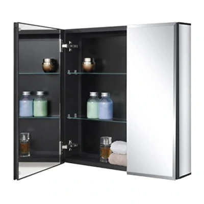 Image of Fundin Black Aluminum Bathroom Mirror Cabinet 61 x CM Recessed or Surface Mount, with Double Door and Adjustable Shelves.