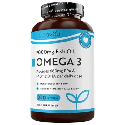 Image of Omega 3 2000mg with 660mg EPA &amp; 440mg DHA per Serving 240 Softgel Capsules of Sustainably Sourced High Strength Pure Fish Oil 4 Months Supply Made in The UK by Nutravita