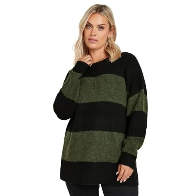 Image of Yours Curve Green Striped Knitted Jumper Women&#039;s Plus Size