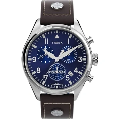 Image of Timex Men&#039;s Chronograph 42 mm Watch Brown Leather Two Piece Blue Dial Stainless Steel Case TWG030000