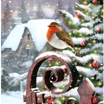 Image of Noel Tatt Charity Christmas Cards Pack of 10 with Artistic Snowy Robin and Cottage Design Eco Friendly Xmas Multipack Envelopes