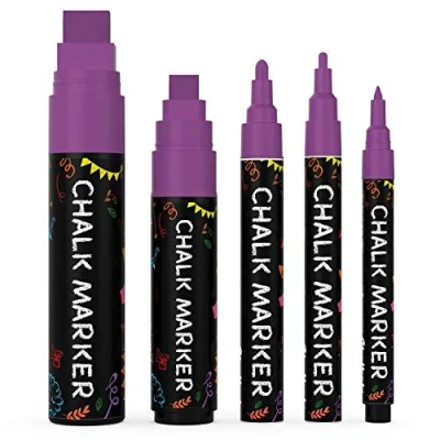 Image of 5 Purple Chalkboard Chalk Pens Dry Erase Markers for Blackboard, Signs, Windows, Glass Variety Pack Fine &amp; Jumbo Size Ink Pen (1mm, 3mm, 6mm, 10mm, 15mm)