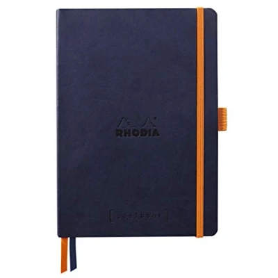 Image of RHODIA 117808C Midnight Blue Bullet Journal Goalbook Flexible Notebook A5 Dotted Dot 240 pages 90g Ivory Clairefontaine Paper 2 Ribbons, Elastic Closure Faux Leather Cover