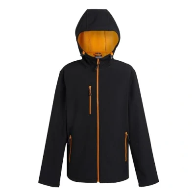 Image of Regatta Professional Men&#039;s Water Repellent Navigate 2 Layer Hooded Softshell Jacket Black Orange Pop, Size: XL