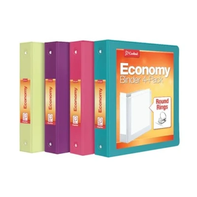 Image of Cardinal 3 Ring Binders, 1.5 Inch, Round Rings, Holds 350 Sheets, ClearVue Presentation View, Non Stick, Assorted Bright Colors, 4 Pack (79553)