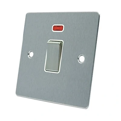 Image of AET FSC20ASWIWS Satin Chrome Flat 20 Amp DP White Insert Metal Rocker Switch 20A Double Pole w/Neon Indicator