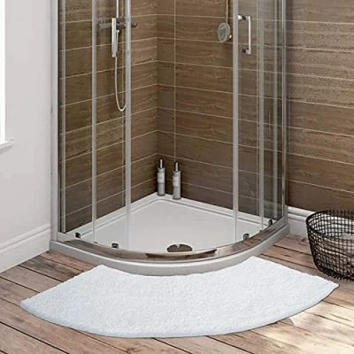Image of DASJD Curved Bath Mat 45x100cm, Soft Non Slip Corner Shower Mat, White High Pile Microfiber Quadrant Bathroom Rug for Circular Shower, Super Absorbent Machine Washable
