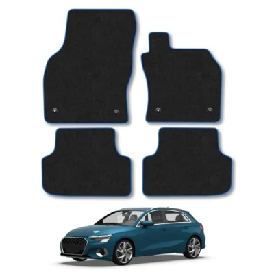 Image of Car Mats Compatible with Audi A3 (2020 ) Tailored Fit Blue Carpet Floor Set Accessory Custom 4 Pieces Anti Slip Backing &amp; Binding Trim Edge