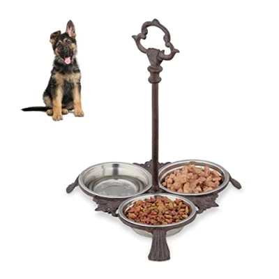 Image of Relaxdays Cast Iron Feeding Station for Cats &amp; Dogs, 3 Stainless Steel Bowls, Antique, Handle, Outdoor, Dark Brown, 1 Item