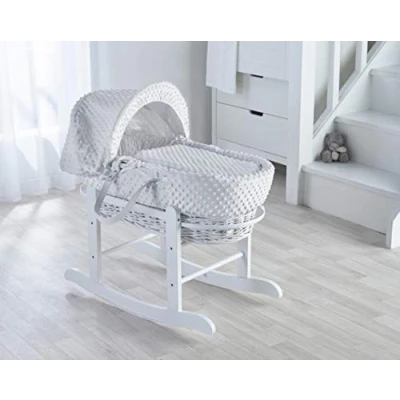 Image of ELEGANT BABY White Dimple Wicker Moses Basket with Deluxe Rocking Stand, Adjustable Hood, Fibre Mattress &amp; Padded Liner