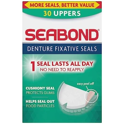 Image of Seabond Denture Fixative Seals, Soft Adhesive Cushion, Last All Day, Protect Gums &amp; Help Seal Out Food Particles, 30 Uppers