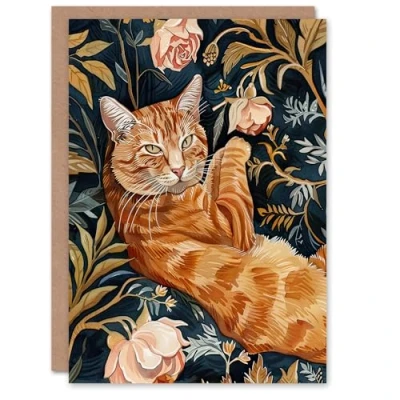 Image of Artery8 Greeting Card Cat Lover Moggie Pet in Rose Garden Watercolour Blank For Him Or Her Art Birthday