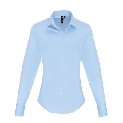 Image of Premier Womens/Ladies Stretch Fit Poplin Long Sleeve Blouse (Pale Blue) Size X Small