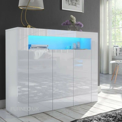 Image of Furneo Matt &amp; High Gloss White 3 door Sideboard Cabinet Cupboard Unit Clifton04 Blue LED Lights