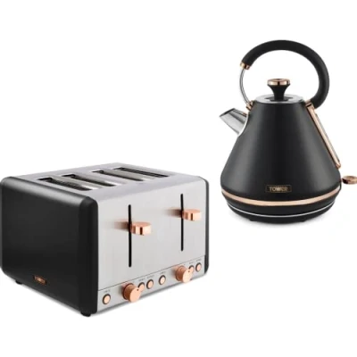 Image of Tower Cavaletto Black &amp; Rose Gold 1.7L 3KW Pyramid Kettle 4 Slice 1800W Toaster. Contemporary Matching Toaster Set in