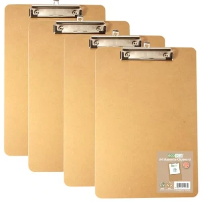 Image of eco A4 Masonite Strong Clipboard with Low Profile Metal Clip, Pack of 4, eco167x4