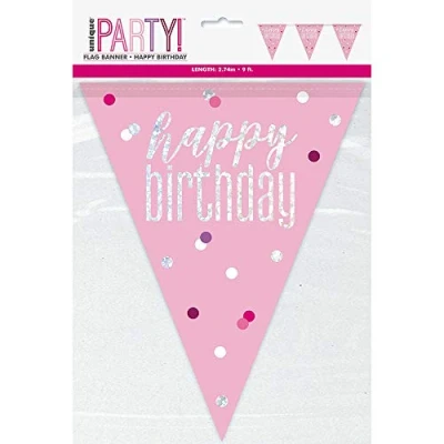 Image of &quot;Happy Birthday&quot; Plastic Pennant Banner 9&#039; Pink and Silver 1 Pc.
