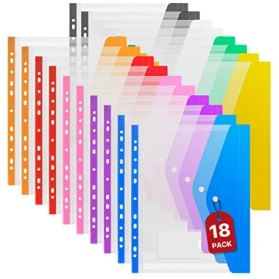 Image of Punched Pockets A4 Plastic Wallets 18PCS Expandable Document Wallet Folder Paper Folders Files Popper with Lable Pocket for Home, Office and School Files, 9 Colors